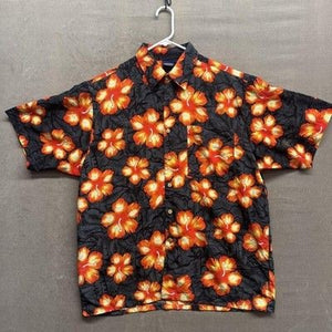 Mens Large Black Orange Floral Hawaiian Button Up Short Sleeve Shirt Pre-Owned 1