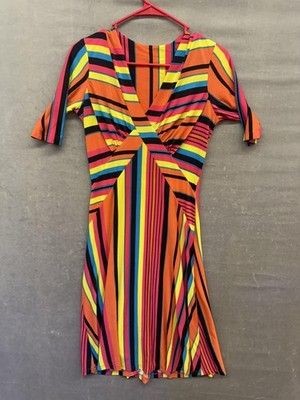 Stripe Dress Womens Large Short Sleeve V Neck Stretch Retro Boho Casual Pre-Owne 2