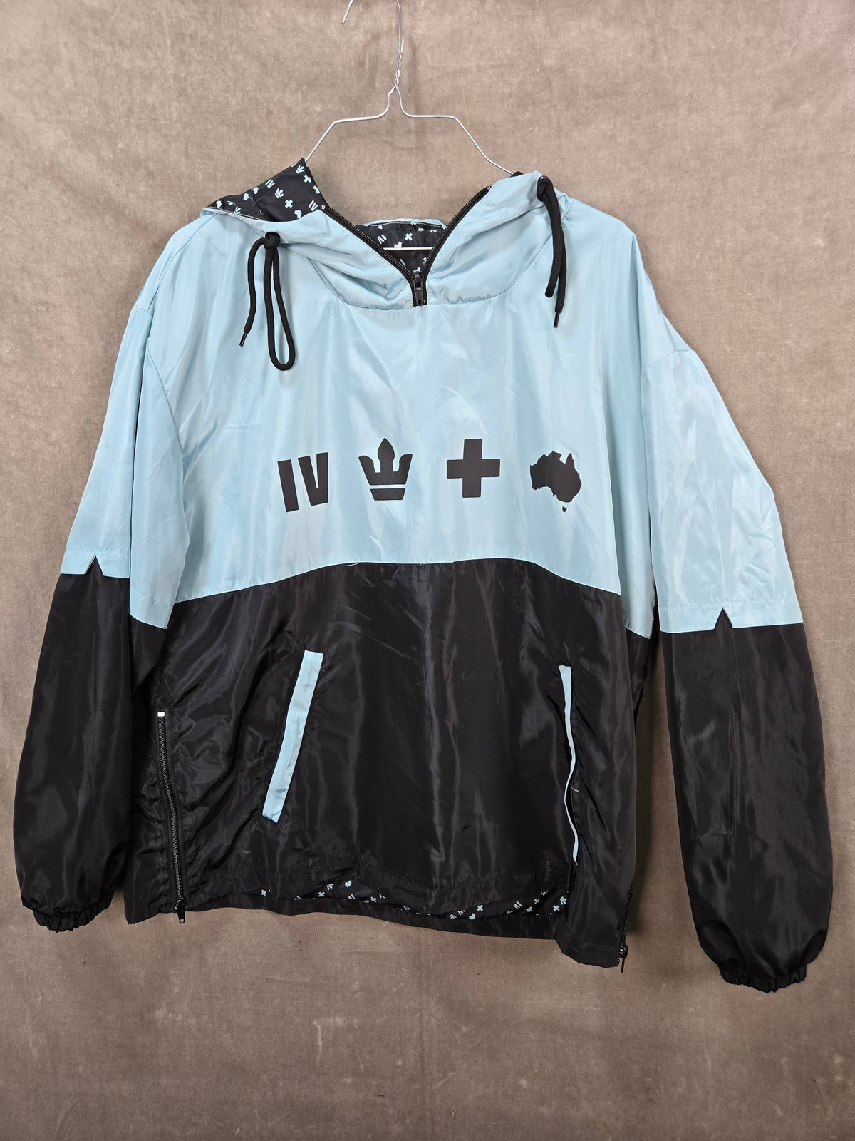 For King + Country Unisex Light Blue Black Hooded Windbreaker Jacket M
