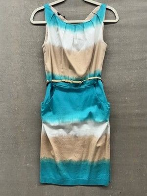 Nine West Dress Womens 8 Blue Beige White Sleeveless Belted Sheath Pre-Owned Exc