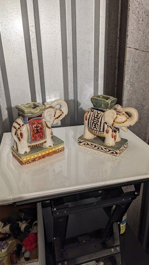 Vintage Handmade Painted Ceramic Elephants Statue 10 Inch Used 2