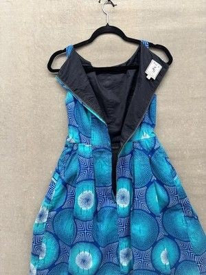 Zachary's Smile White Label Dress Womens 6 Blue Teal Geometric Pockets Fit Flare