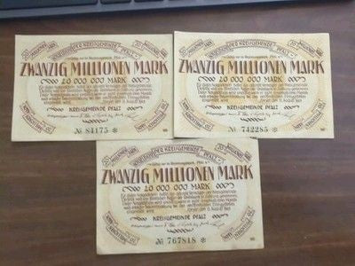 1923 Germany 20 Million Mark Note - Set Of 3
