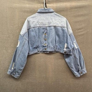 Womens Denim Jacket Large Blue Two Tone Cropped Distressed Button Front Pre-Owne 5