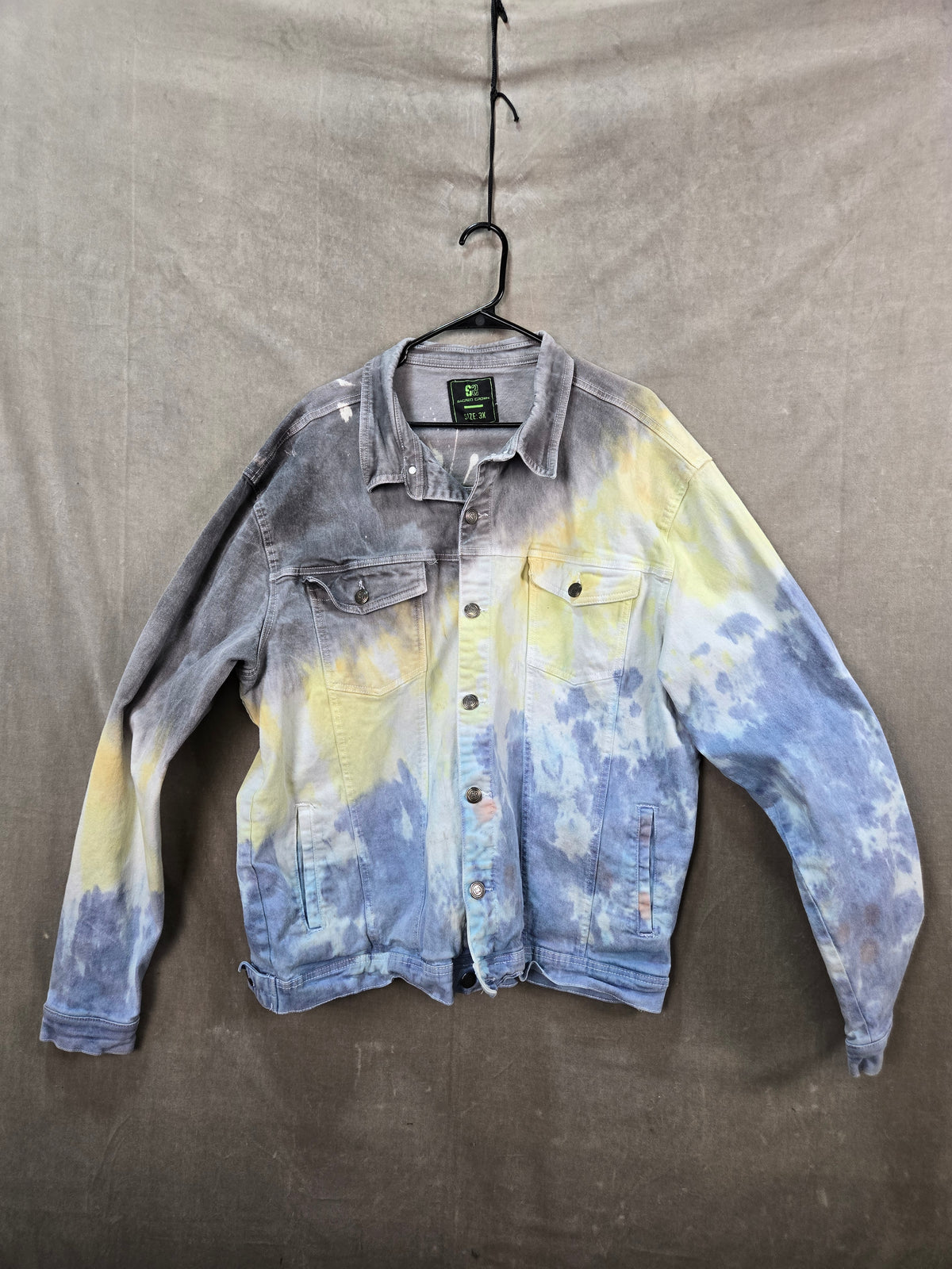 Sacred Crown Unisex Gray Yellow Blue Tie Dye Denim Trucker Jacket 3X