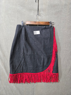 Women's Gray Wrap Mini Skirt Red Fringe Hem Western Cowgirl Boho Rodeo 4