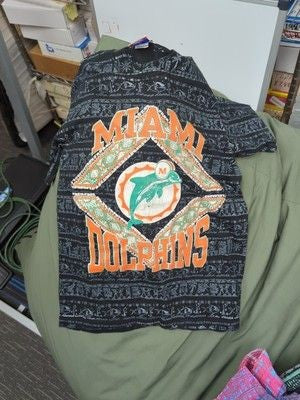 Vintage Miami Dolphins 1990 T-Shirt Size L All Over Print Single Stitch Used 2