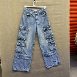 Forever 21 Jeans Womens 27 Blue Cargo Multi Pocket Utility Baggy Wide Leg Pants 1