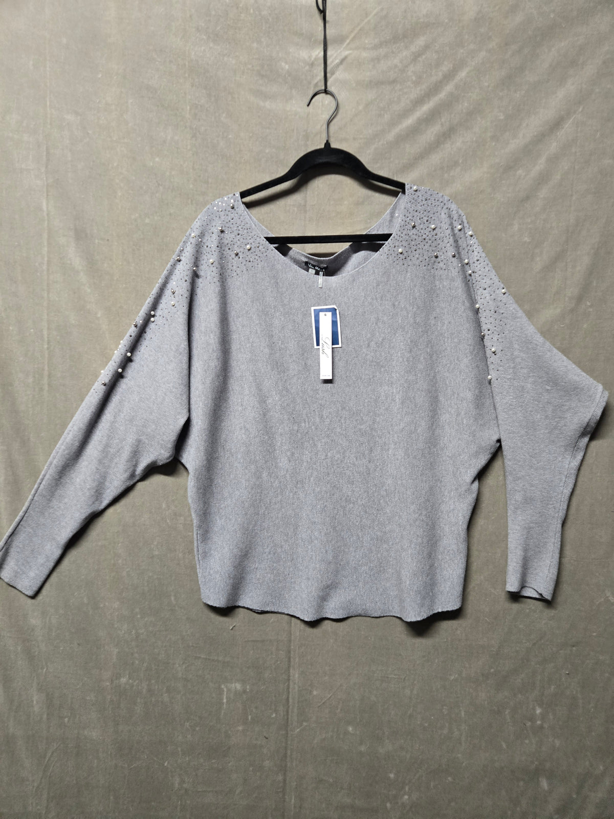 Lush Vila Milano Women's Gray Beaded Dolman Sleeve Pullover Sweater Size L NWT