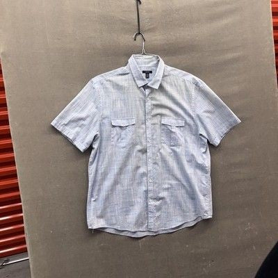 Alfani Mens Shirt XL Blue Short Sleeve Button Up Casual Pocket Plaid Lightweight