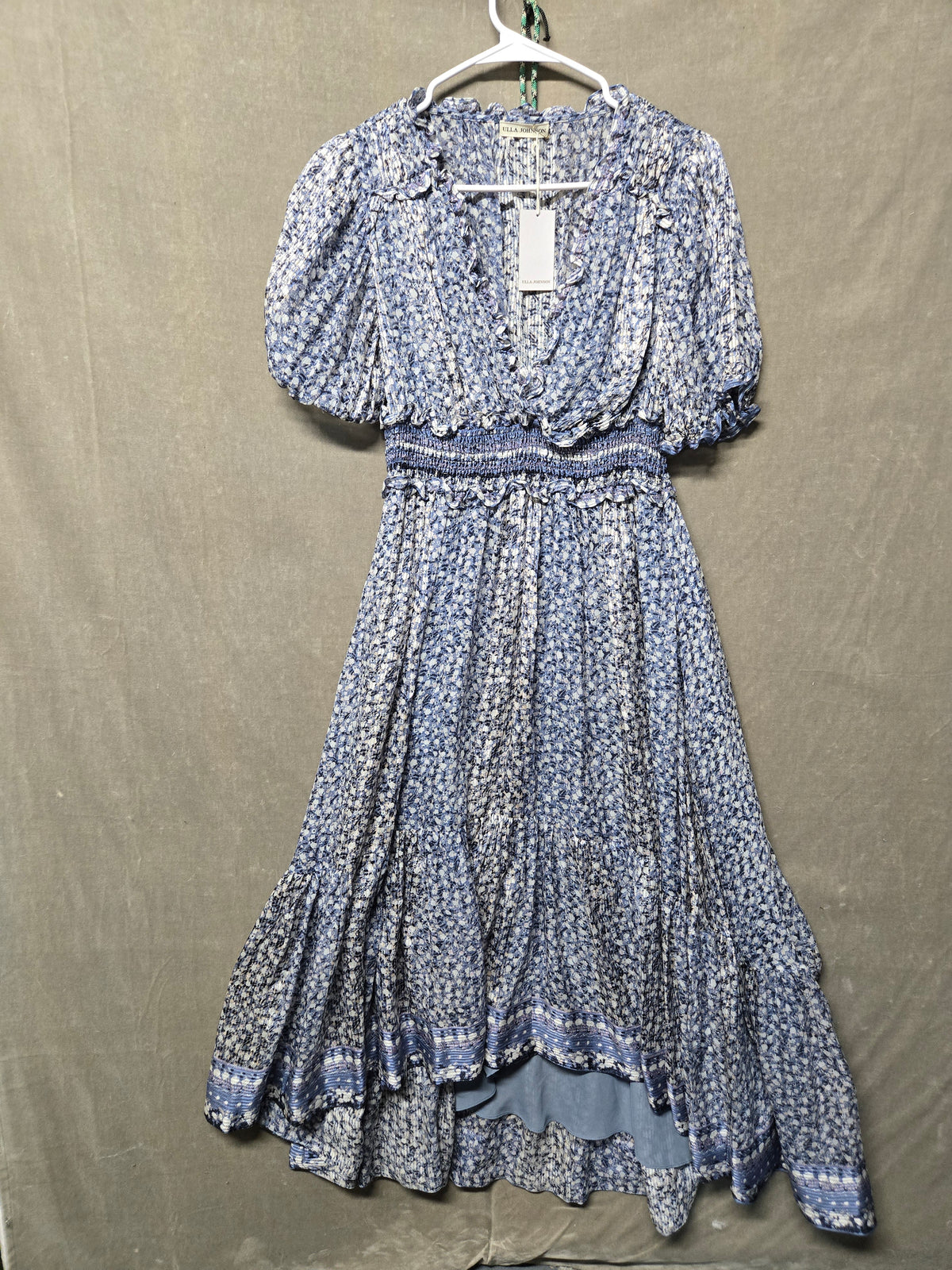 Ulla Johnson Blue Floral Puff Sleeve Smocked Waist Midi Dress Ruffle Size 6 NWT