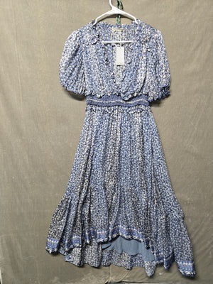 Ulla Johnson Blue Floral Puff Sleeve Smocked Waist Midi Dress Ruffle Size 6 NWT 1
