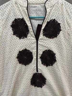 Boho Tunic Womens Large White Brown Crochet Eyelet Embroidered Top Ethnic Kurti 3