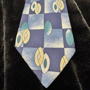 Enrico Guccini Mens Silk Tie Blue Yellow Geometric Leaf Print 4 Inch Wide Pre-Ow 1