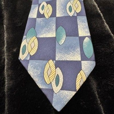 Enrico Guccini Mens Silk Tie Blue Yellow Geometric Leaf Print 4 Inch Wide Pre-Ow