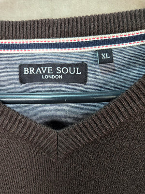 Brave Soul Mens Brown V Neck Knit Pullover Sweater Jumper Size XL 2