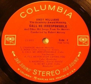 Andy Williams Vinyl Record The Academy Award Winning Call Me Irresponsible Used 2