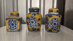 Vintage Asian Ceramic Lidded Vases Blue Yellow White with 2 Bonus Pre-Owned 3