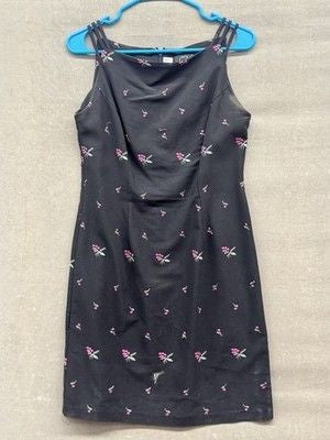 CDC Petite Dress Womens 10 Black Sleeveless Floral Embroidered Cocktail USA 90s 2