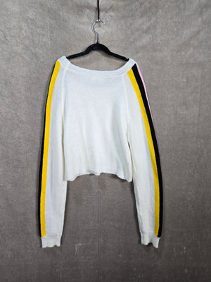 blue blush Women's White Colorblock Stripe Raglan Cropped Sweater Size L 3