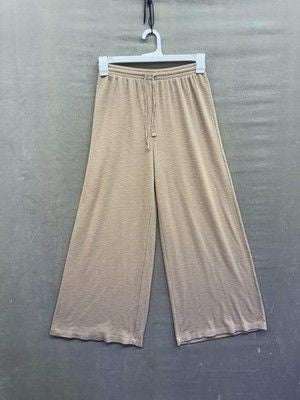 Chic Wide Leg Pants Womens Medium Tan Drawstring Ribbed Lounge Comfort Soft Cozy