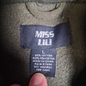 MISS LILI Women Jacket Olive Green Mid-Length Hooded Drawstring Size L Used 3