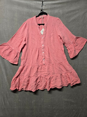 Faherty Dream Cotton Gauze Kasey Dress Coral Bell Sleeve Tiered Boho Size L NWT 1