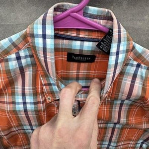 Van Heusen Shirt Mens Medium Orange Blue Plaid Button Down Short Sleeve Casual 5