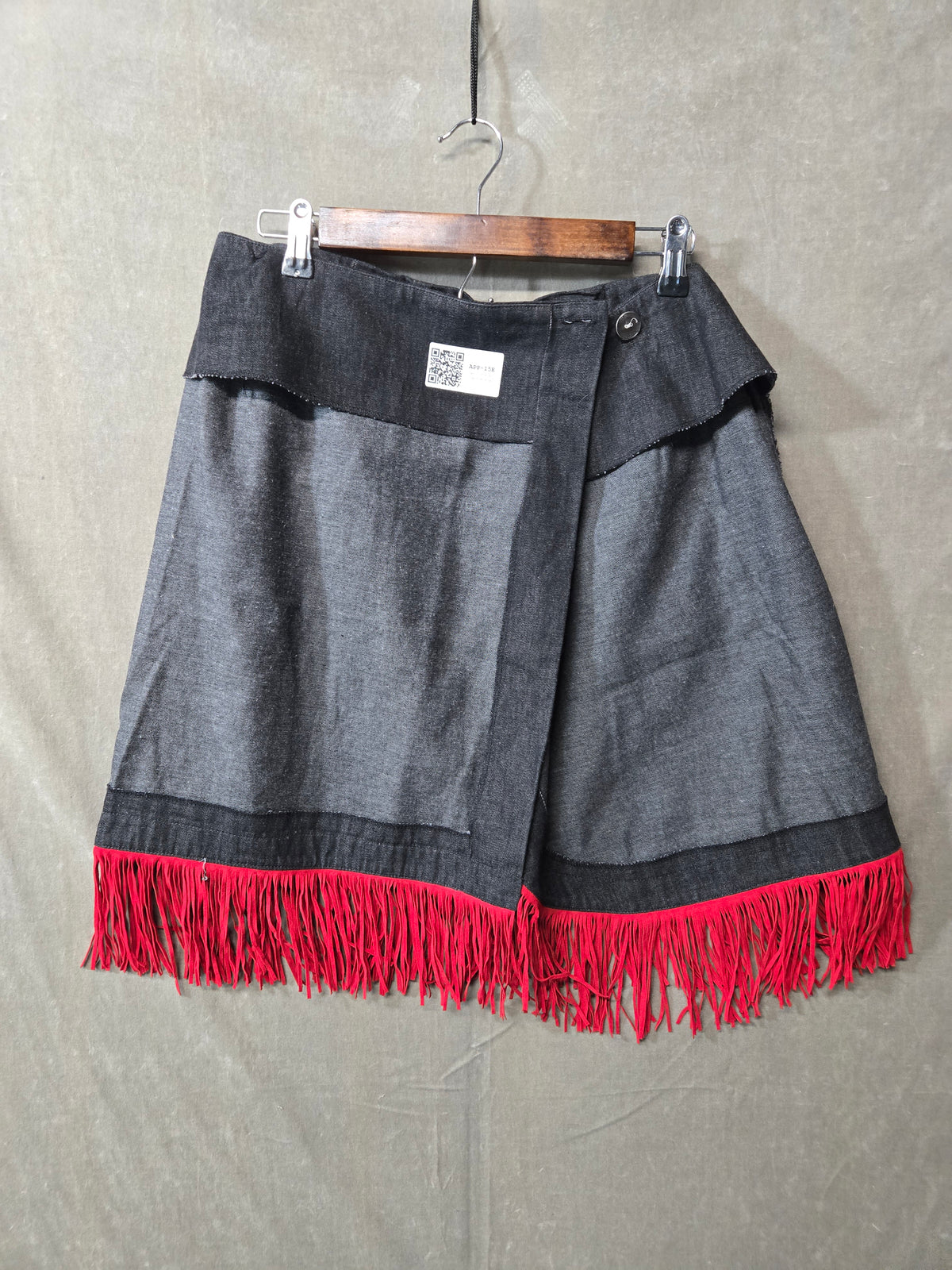 Women's Gray Wrap Mini Skirt Red Fringe Hem Western Cowgirl Boho Rodeo