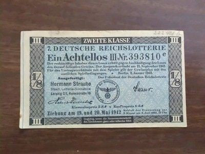 Germany 1/8 Lottery Ticket Reichslotterie 1942 WW2 Series 393810 Used