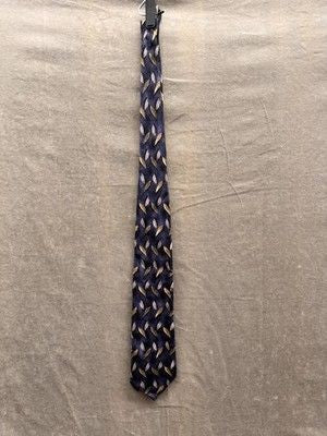 Ermenegildo Zegna Tie Blue Gold Leaf Pattern Dress Necktie Pre-Owned Excellent 2