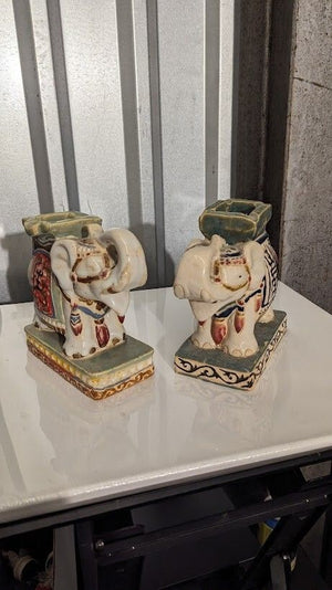 Vintage Handmade Painted Ceramic Elephants Statue 10 Inch Used 3