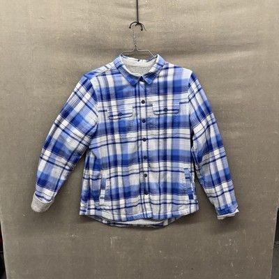 LL Bean Jacket Mens Medium Blue Plaid Flannel Fleece Lined Snap Button Shacket