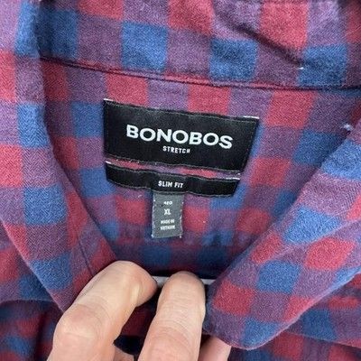 Bonobos Shirt Mens XL Red Blue Plaid Stretch Slim Fit Long Sleeve Button Pre-Own