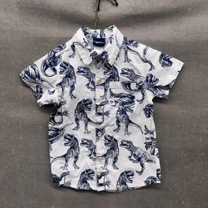 Little Rebels Shirt Boys 4T White Blue Dinosaur Print Short Sleeve Button Up Top 2