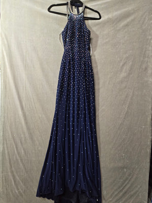 Camille Navy Blue Rhinestone Halter Prom Gown Open Back Mermaid Formal Size 0 2