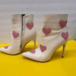 White Patent Leather Heart Print Pointed Toe Stiletto Ankle Boots Pink Hearts 2