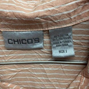 Chicos Shirt Womens Size 1 Pink Striped Button Up Seersucker 3/4 Sleeve Top 2