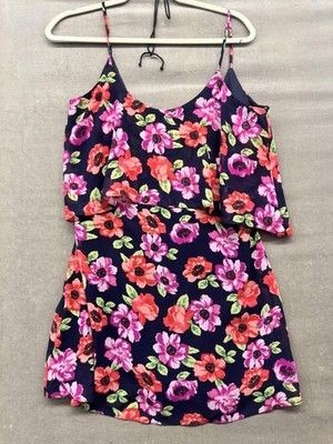 Forever 21 XXI Dress Womens Medium Navy Floral Spaghetti Strap Layered Sundress 1