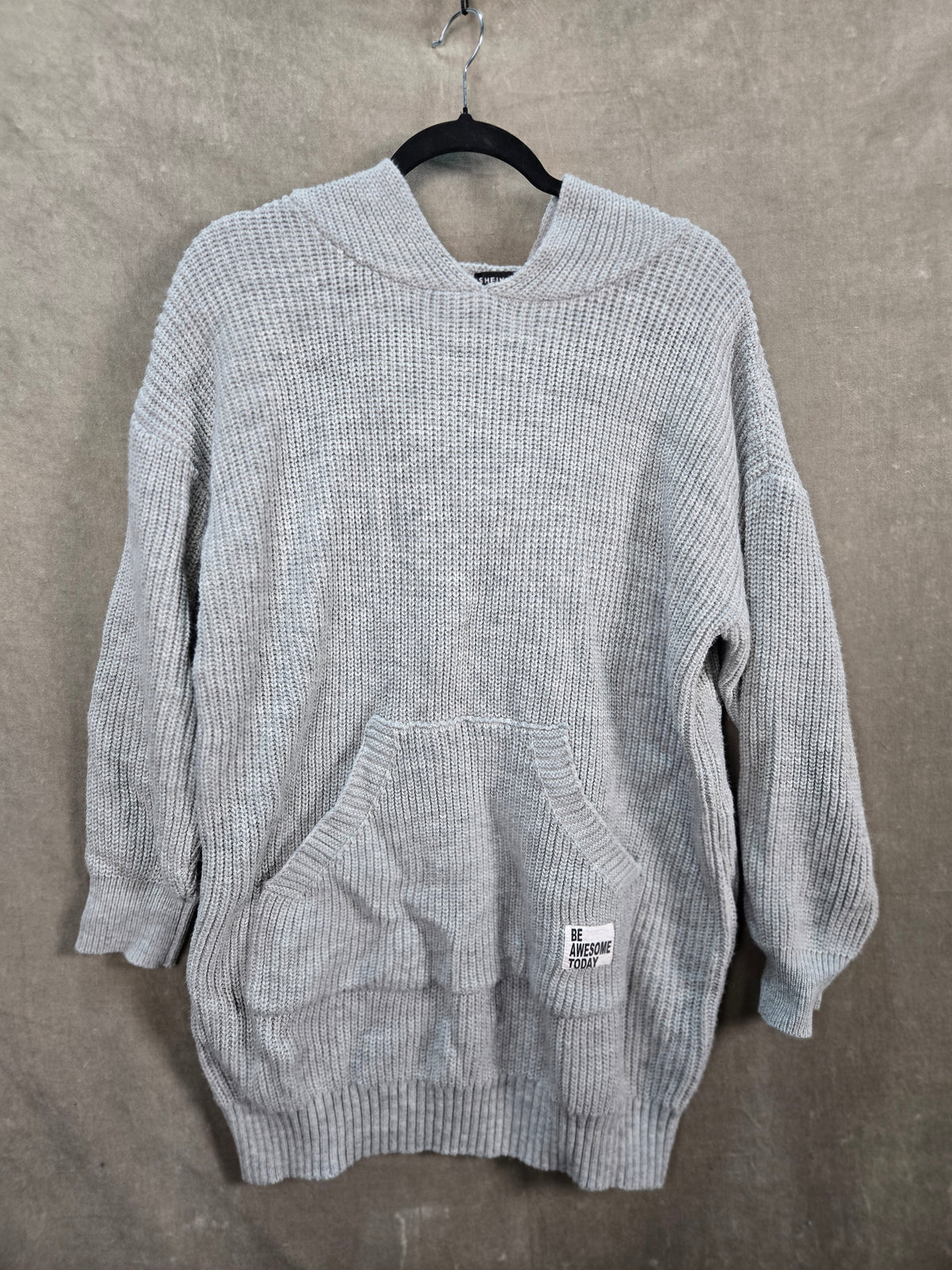 SHEIN Women's Light Gray Knit Hooded Pullover Sweater Pocket Size L