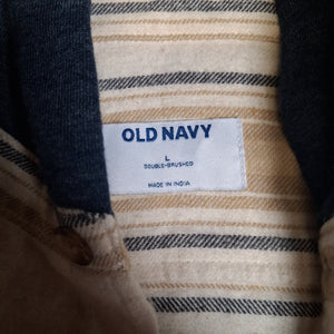 Old Navy Men's Beige Blue Striped Hooded Button Front Shirt Size L 3