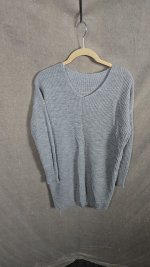 Women's Gray Ribbed Knit Longline V-Neck Pullover Sweater Size M 1