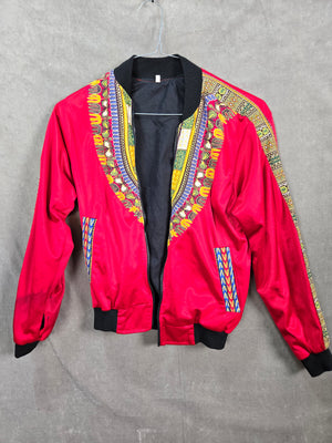 African Dashiki Print Red Bomber Jacket Unisex Zip Front Size M 1