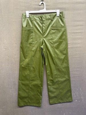 Free People Pants Womens 12 Green Faux Leather Wide Leg Cropped High Rise Pre-Ow