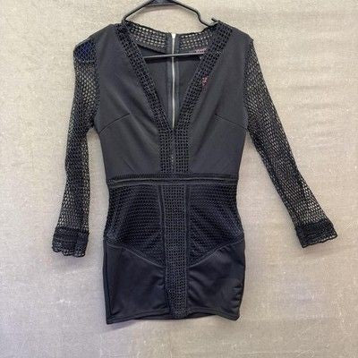 XTAREN Dress Womens Medium Black Mesh Long Sleeve Bodycon Deep V Party Sexy
