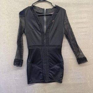 XTAREN Dress Womens Medium Black Mesh Long Sleeve Bodycon Deep V Party Sexy 1