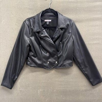 Love by Design Jacket Womens Large Black Faux Leather Cropped Moto Biker Vegan