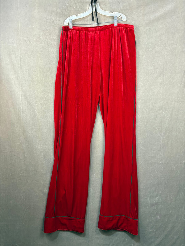 Handmade Red Velvet Wide-Leg Pants Green Piping Size Large Pre-Owned Elastic Wai