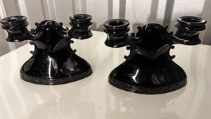 LE Smith Art Deco Double Candle Holders Black Amethyst Glass Used 2