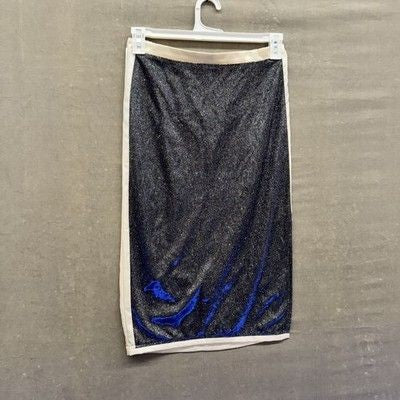 12tweln Skirt Womens Large Blue Black Metallic Glitter Velvet Midi Lined Slit